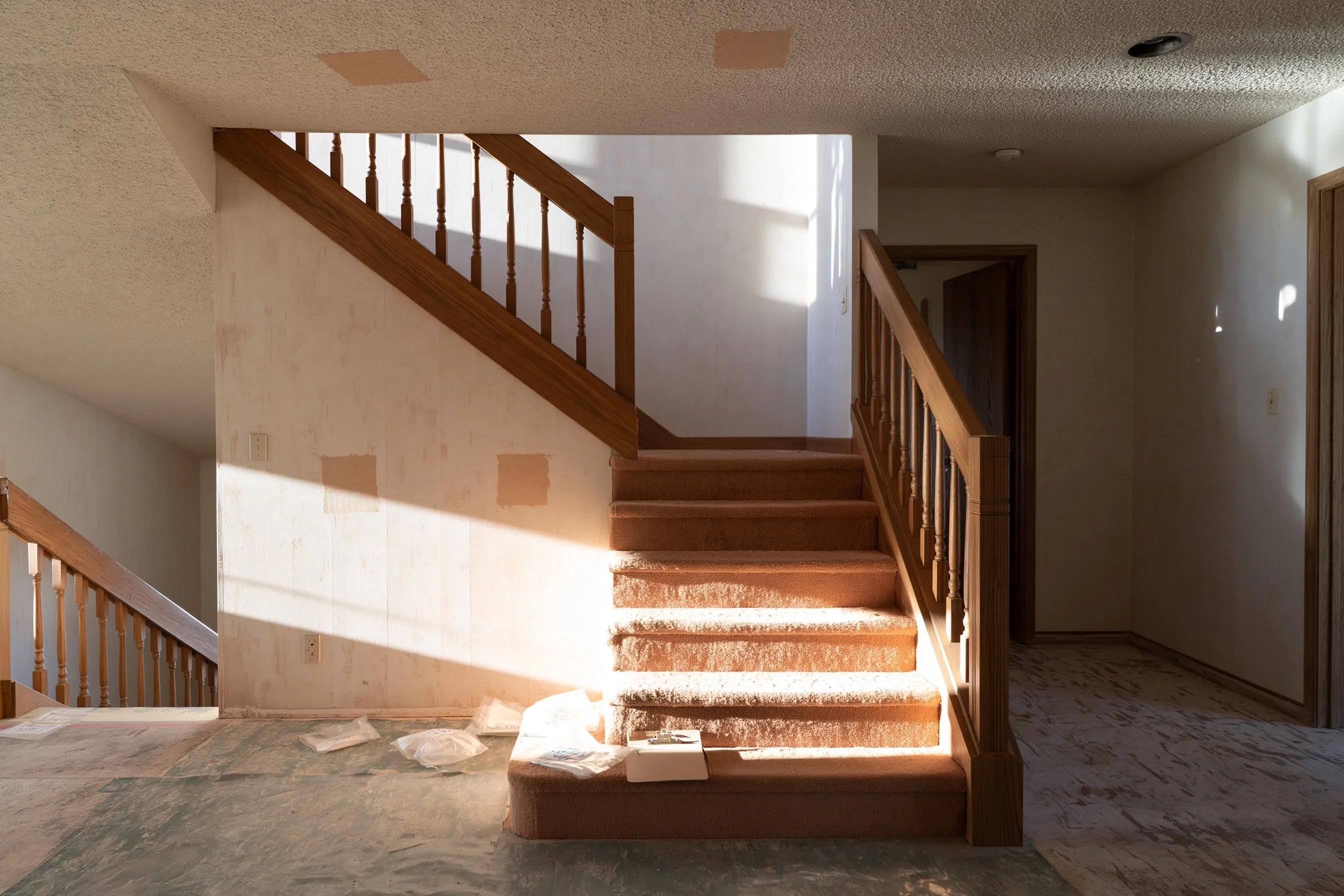 Front entry of a 1970s split-level with small taped sample spots on the ceiling, wall and floor and sample bags on a step