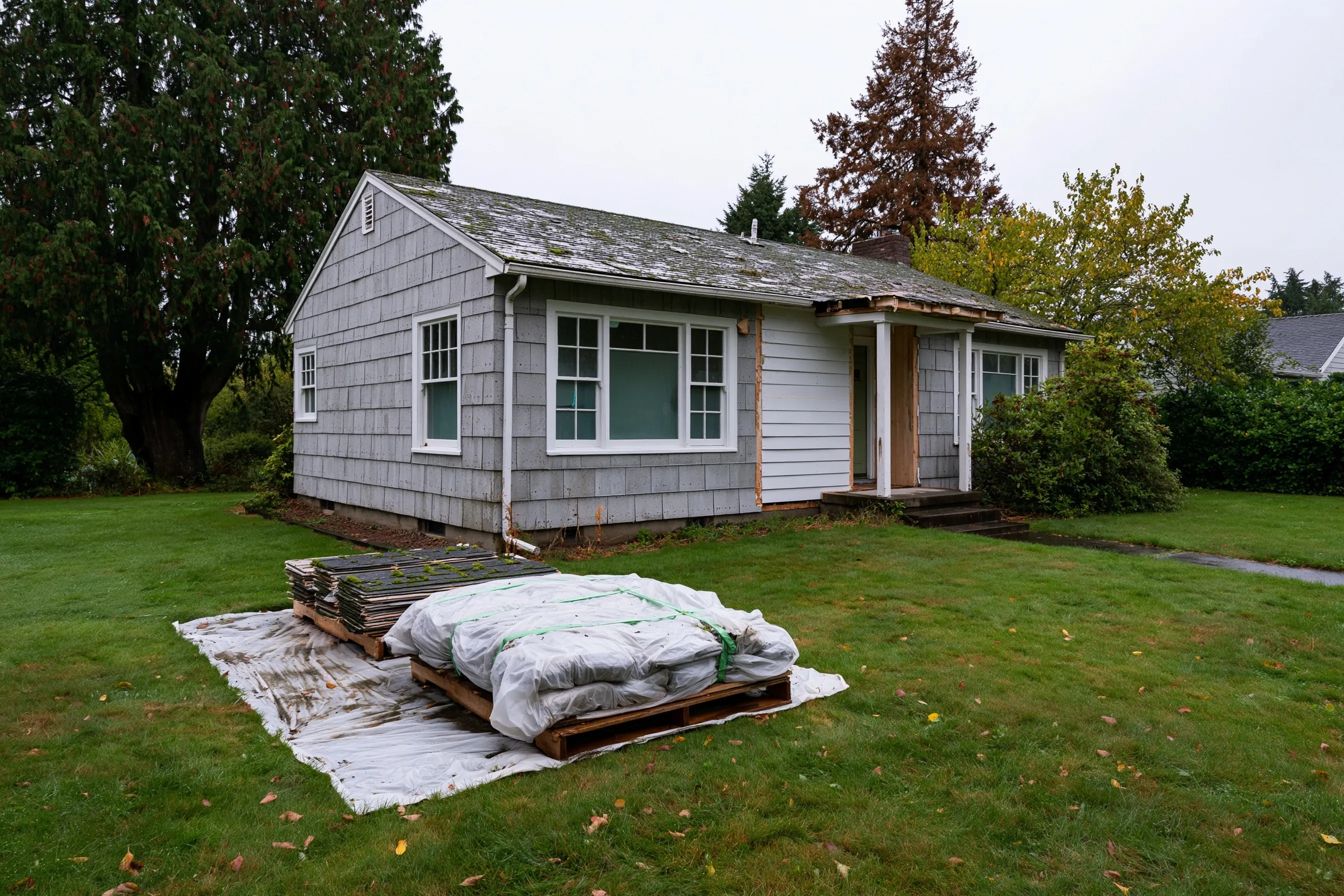 A 1940s one-story house with some gray cement shingles taken off one wall, showing painted wood lap siding underneath
